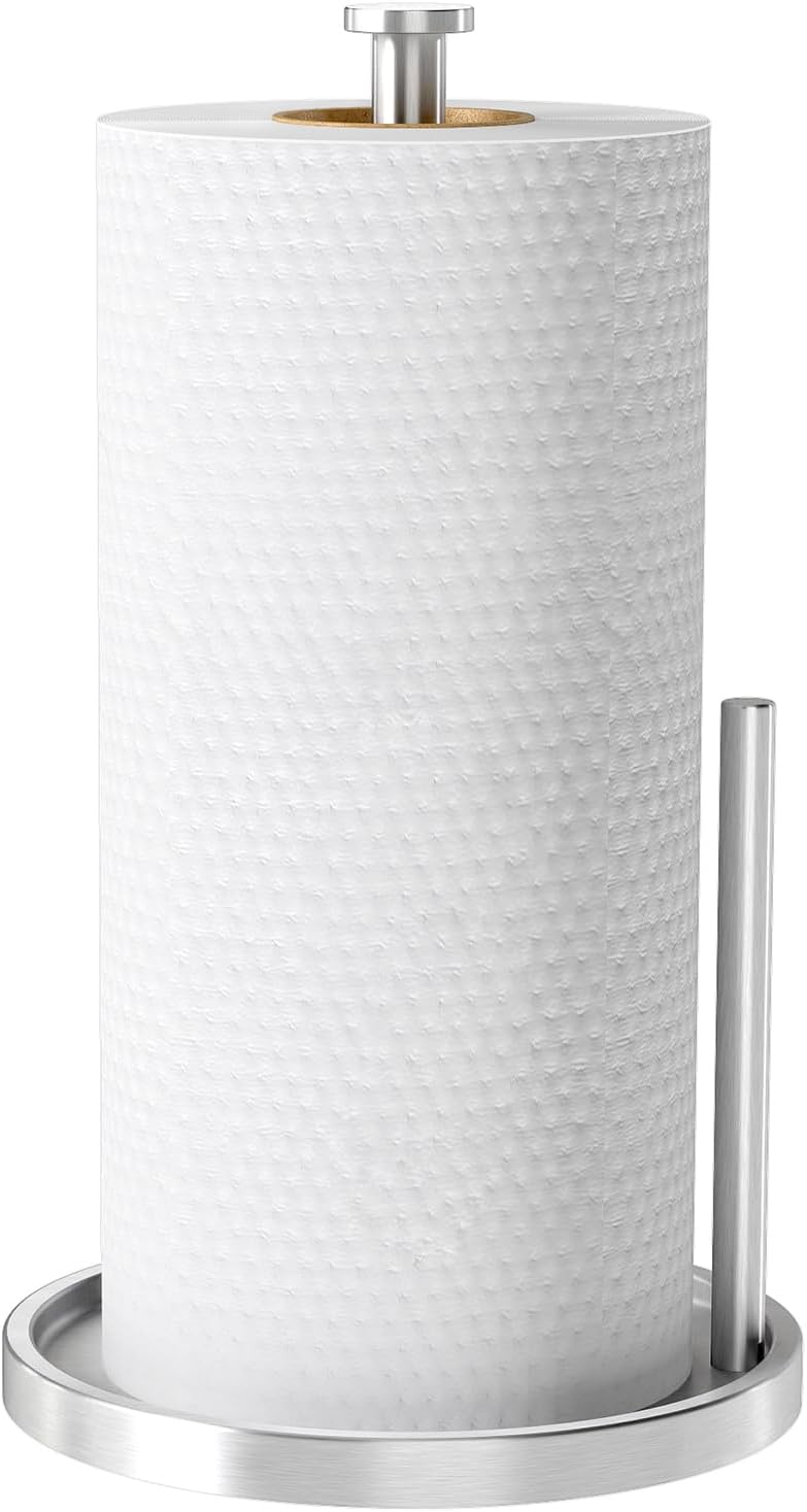 Paper Towel Holder Countertop, Standing Paper Roll Holder with Anti Slip Weighted Base, Stainless Steel Freestanding Paper Towel Holder for Kitchen, Silver