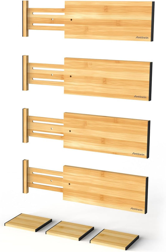 ANTOWIN 4 Pack Expandable Drawer Dividers, 4.7'' High, Extend from 12.2'' to 17.7'', Dresser Drawer Organizers, Bamboo Separators for Kitchen, Bedroom, Office, Bathroom (Natural)