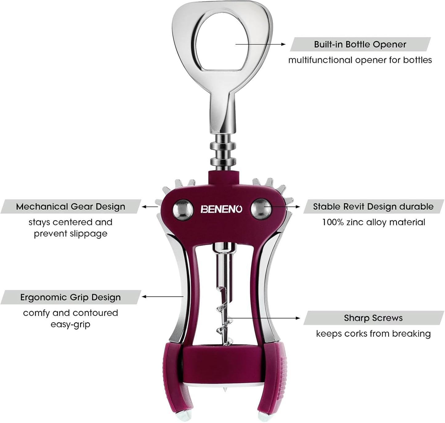 Beneno Wine Opener, Zinc Alloy Premium Wing Corkscrew with Multifunctional Bottles Opener, Sharp Wine Corkscrew with Ergonomic Non-Slip Wing Handle, Upgrade Purple
