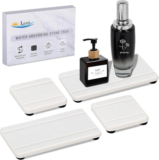 4PCS Stone Drying Trays for Bathroom Sink, Water Absorbing Stone Tray, Water Absorbent Diatomaceous Earth Tray and Coaster, Diatomite Soap Dish, Drying Stones Soap Trays for Kitchen Counter