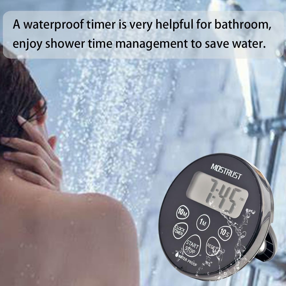Digital Waterproof Shower Clock Timer, Bathroom Kitchen Countdown Cooking Timer with Alarm, Magnetic Back, Stand Dark Black