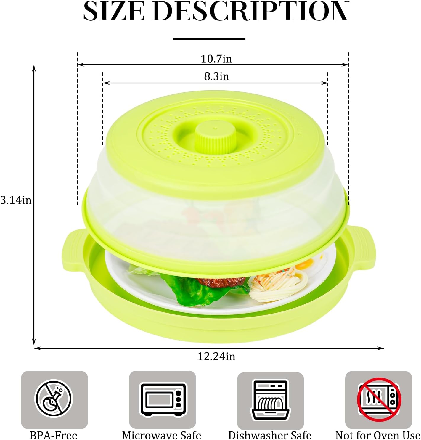 10.7 Inch Microwave Food Cover with Heat Insulation Mat, Anti-Scald Collapsible Microwave Splatter Cover, Multi-Functional as Colander & Fruit Plate, Dishwasher Safe, Ideal for Meal Prep (Green)