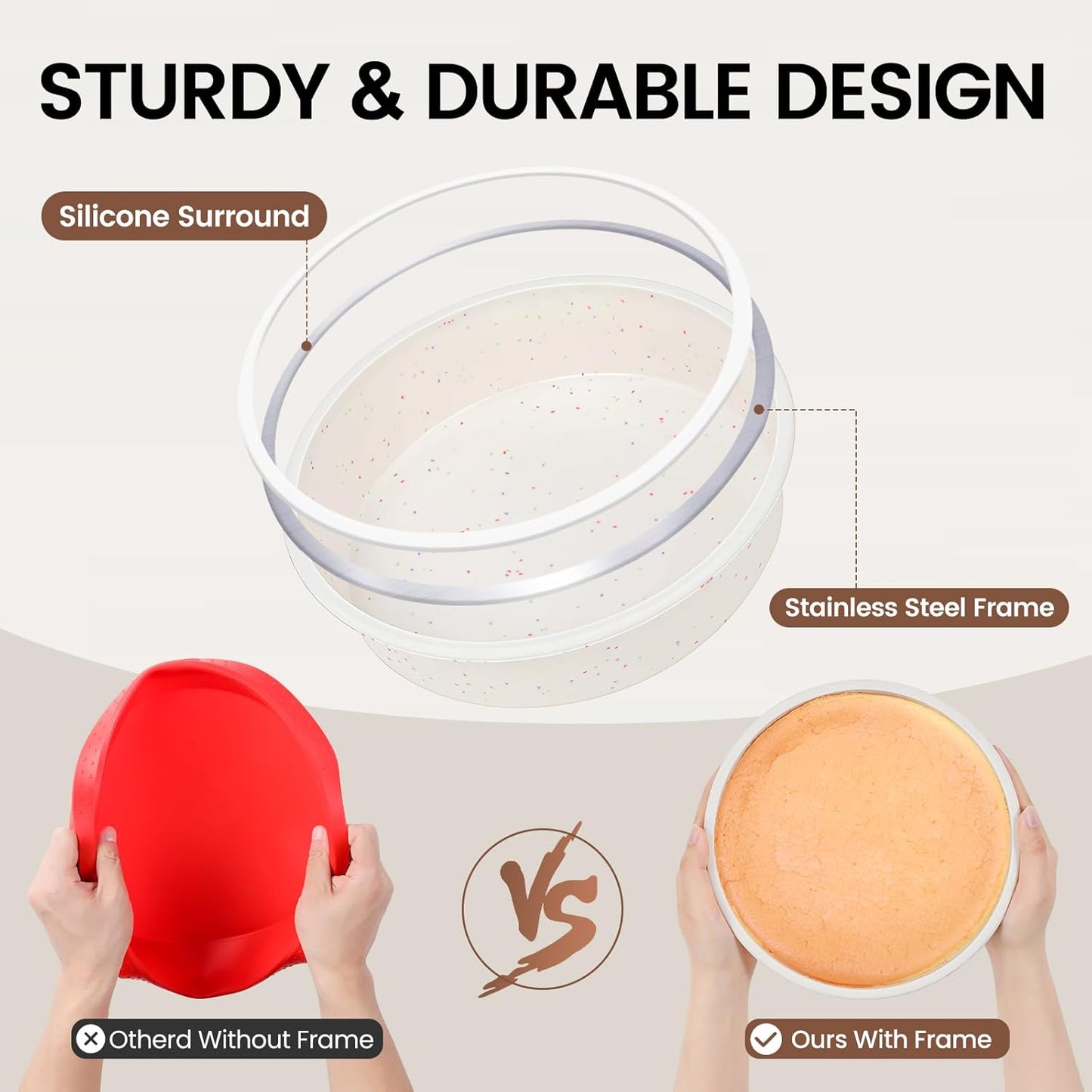 Vinino 6 Inch Silicone Round Cake Pan with Metal Reinforced Frame Set of 3, Nonstick Silicone Springform Pan for Baking Suitable for Making Layers, Cheese & Chocolate Cakes