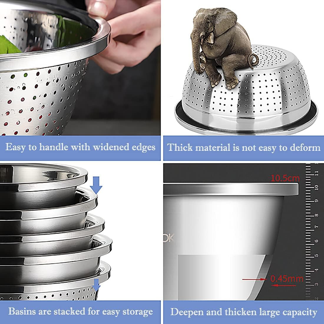 meleg otthon Stainless Steel Mixing Bowls, 5.8QT Salad Bowl, Metal Bowls with Water Filter Basin, Stainless Steel Basin, Heavy Duty Deeper Edge Mirror Finish Dishwasher Safe Bowl (L)