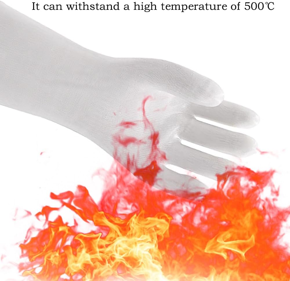 Silicone BBQ Gloves, Oven Gloves with Fingers 932°F Heat Resistant, Kitchen Waterproof Hot Proof Glove for Fryer, Smoker, Baking, Cooking (White, M)