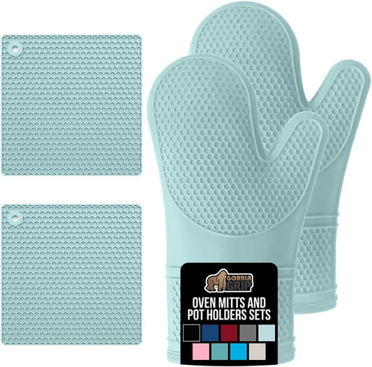 GORILLA GRIP BPA-Free Soft Silicone Oven Mitts and Pot Holders Sets of 4, Heat Resistant Waterproof Cooking Gloves, Thick Cotton Lining, Flexible Gripping for Baking Grilling, Kitchen Trivets, Mint