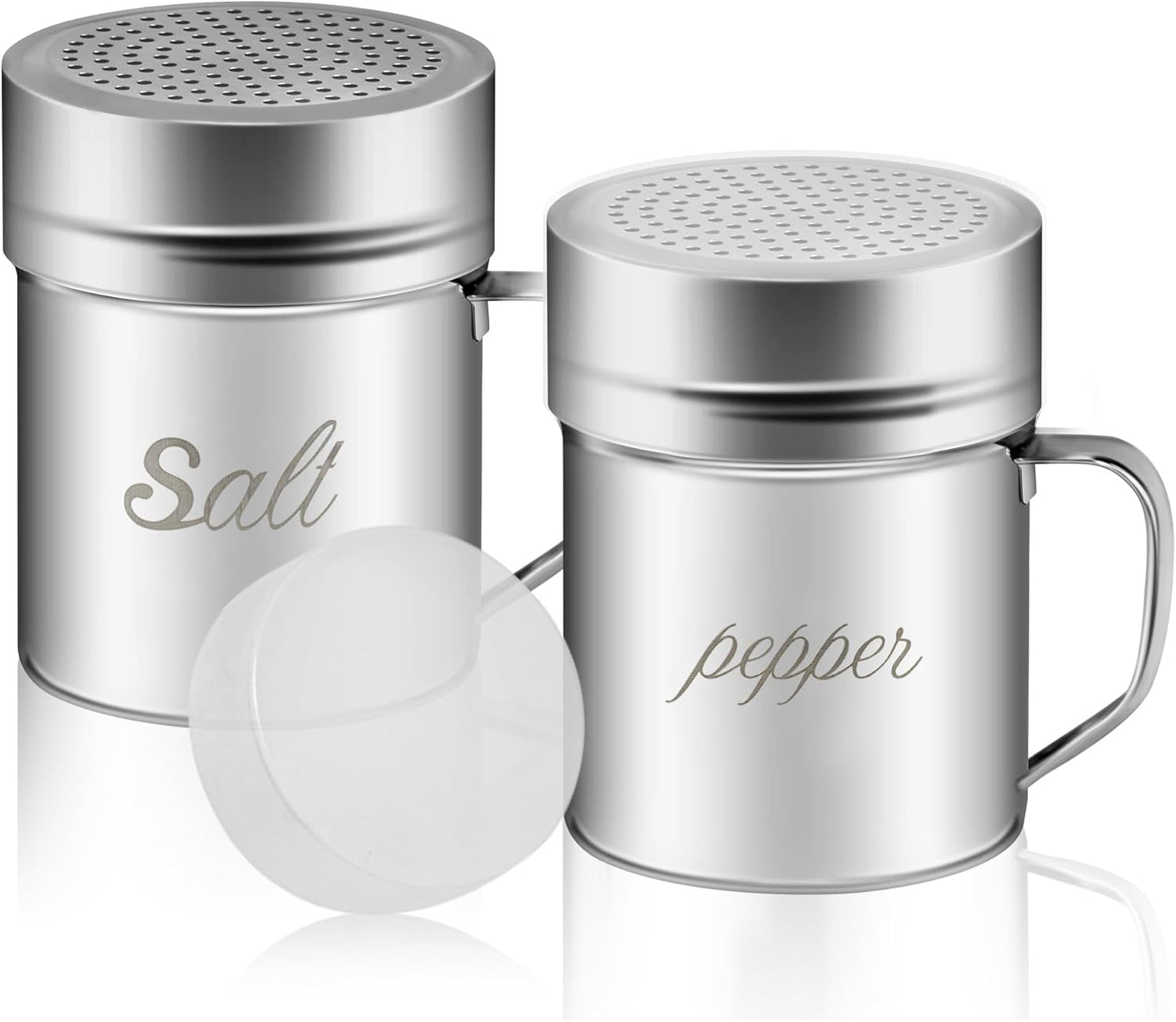Stainless Steel Salt and Pepper Shakers Set, 10 OZ Seasoning Spice Shaker with Lid and Handle 127 Holes, Metal Dredge Shaker for Powder Sugar Cooking Kitchen Baking (2 Pieces)