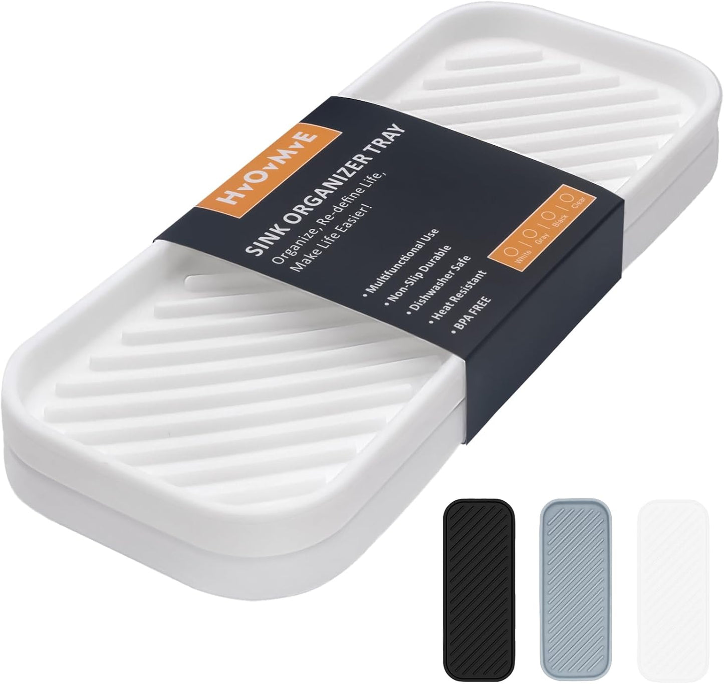 Silicone Organizer Tray, Soap and Sponge Holder for Kitchen Sink, Bathroom - Storage Tray for Dish Brush, Soap Dispenser, Dishwashing Accessories- 2 Pack (White)