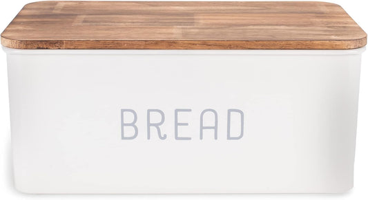 Nat & Jules Matte White 12 x 7 Metal Enamel Rubber Wood Lidded Bread Box