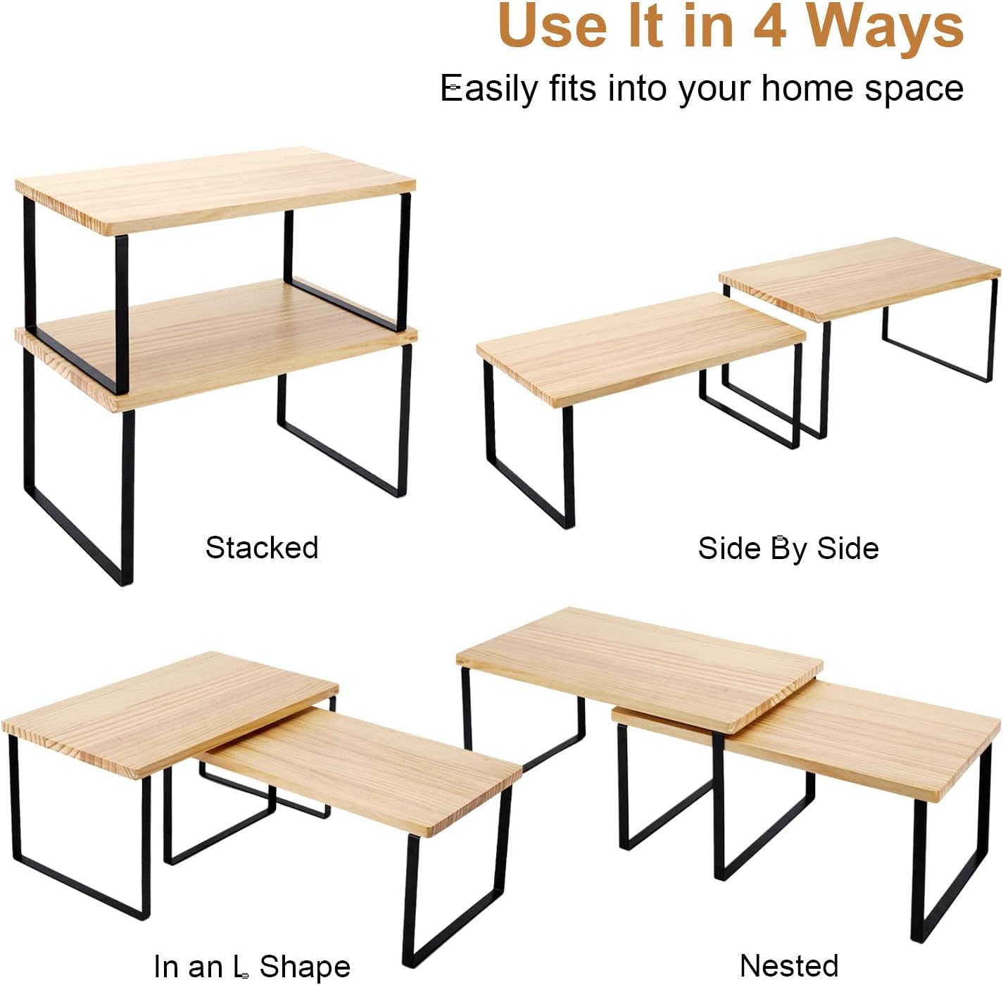 Bamber Large Cabinet Shelf Organizers Solid Wood Spice Rack Organizer for Cabinet Kitchen Countertop Storage, 16.5x10 Inches, Set of 2