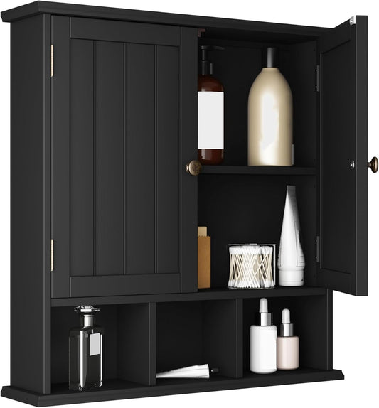 ChooChoo Bathroom Cabinet Wall Mounted 2-Door with 3 Open Shelves， Wooden Medicine Cabinets with Adjustable Shelf，Space Saver Storage Cabinets Over The Toilet for Bathroom&Living Room，Black