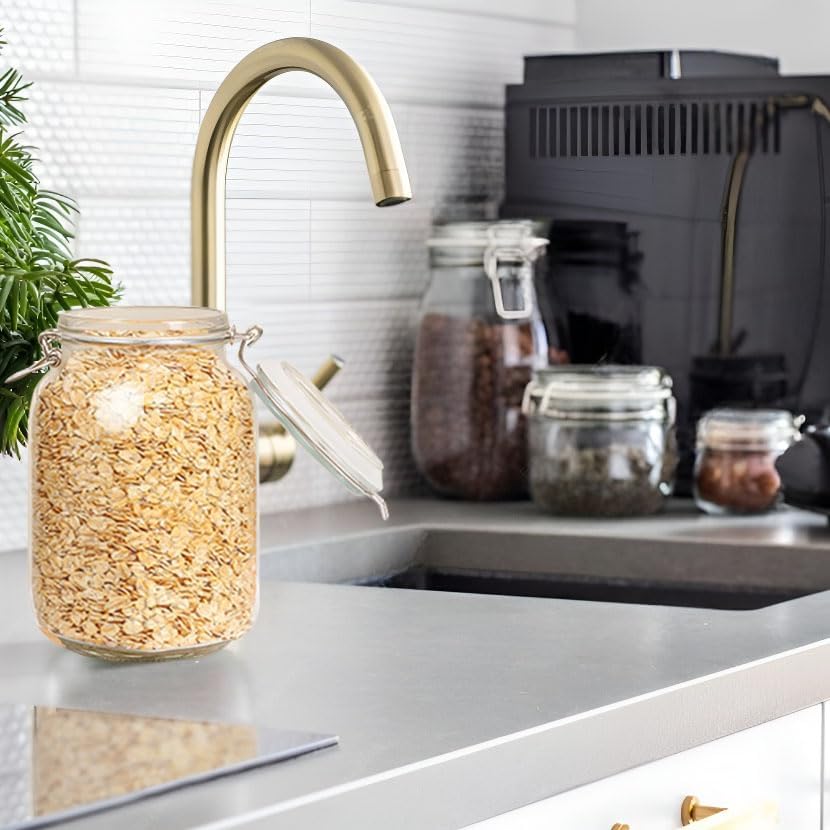 50oz Square Glass Food Storage Jars Storage Container with Clear Preserving Seal Wire Clip Fastening for Kitchen Canning Flour, Cereal, Pasta, Sugar, Beans