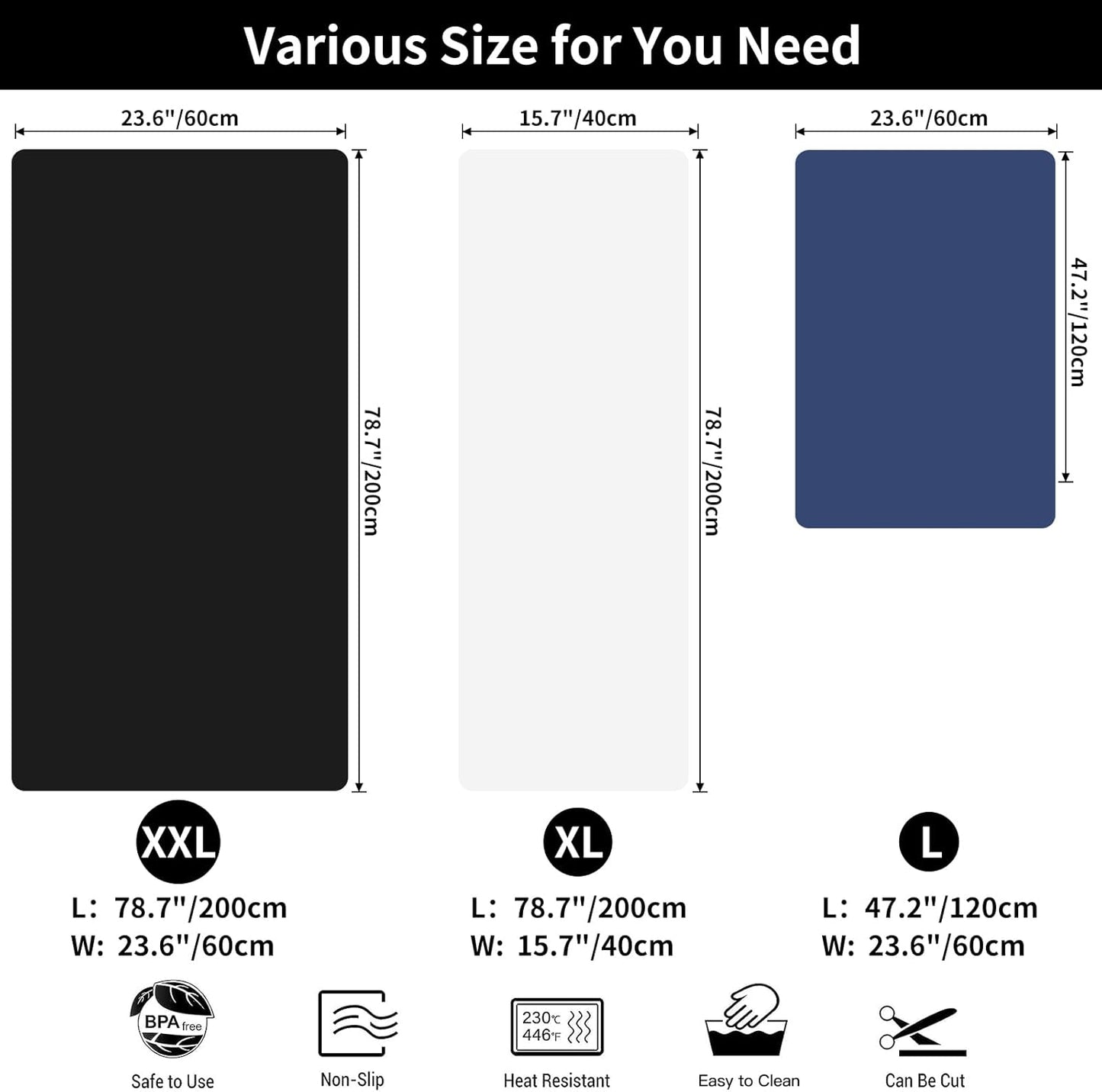 Large Silicone Mat, 78.7”x 15.7” Extra Thick Heat Resistant Mats, Nonslip Kitchen Countertop Protector Mat, Cuttable Waterproof Counter Protector Mat for Kitchen Island Workbench (Dark Gray)