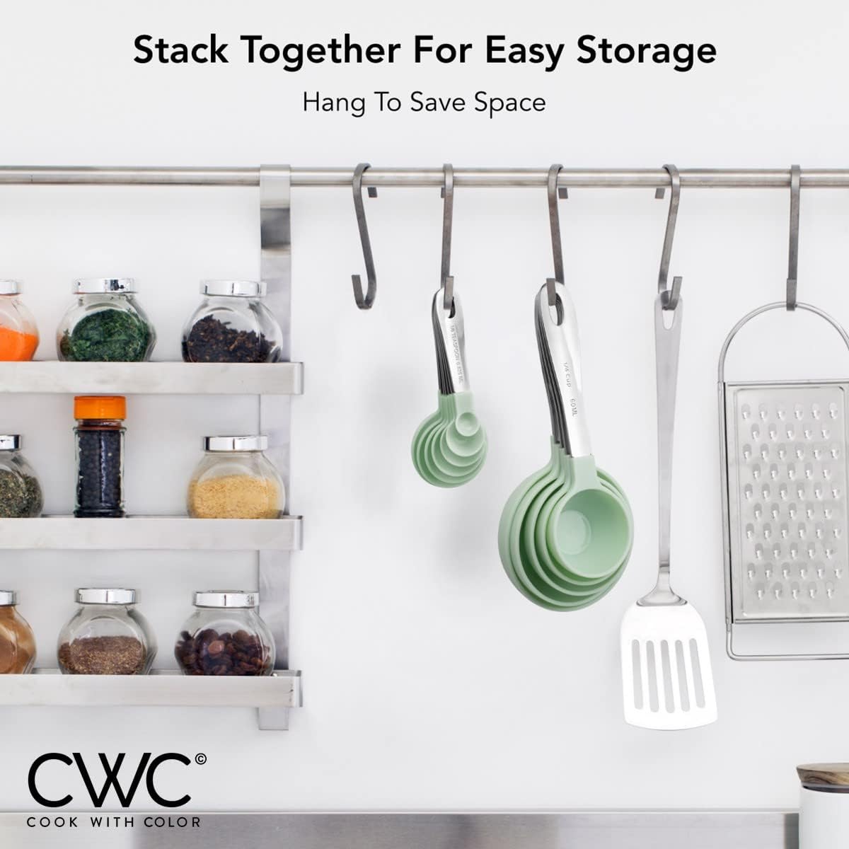 COOK WITH COLOR Measuring Cups Set and Measuring Spoon Set, Stainless Steel Handles, Nesting Kitchen Measuring Set, Liquid Measuring Cup Set, 12 PC Stainless Steel, Mint