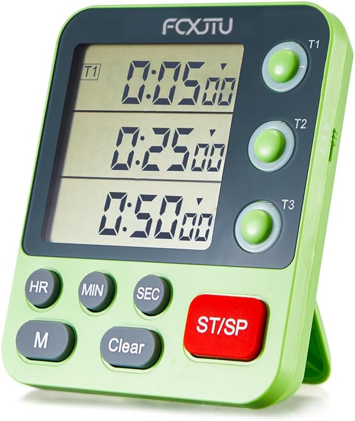 FCXJTU Digital Dual Triple Kitchen Timer, 3-Channel Magnetic Countdown Timer for Cooking, Large Display Stopwatch Multi Food Classroom Timer Loud Alarm for Seniors Teachers Battery Included (Green)