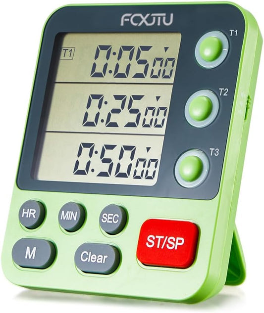 FCXJTU Digital Dual Triple Kitchen Timer, 3-Channel Magnetic Countdown Timer for Cooking, Large Display Stopwatch Multi Food Classroom Timer Loud Alarm for Seniors Teachers Battery Included (Green)
