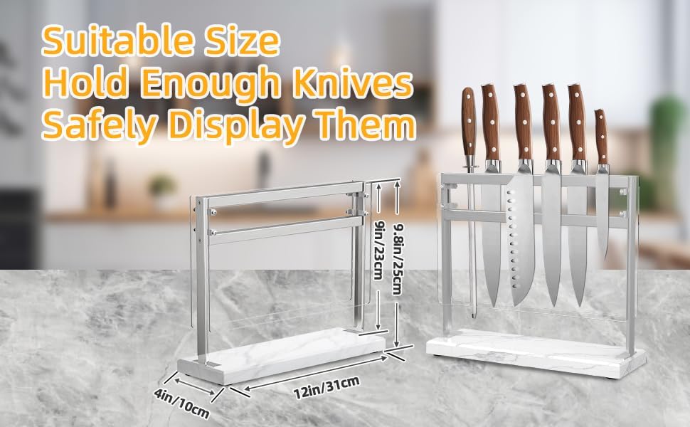 Magnetic Knife Stand Block with Marble Base, Double-sided Stainless Steel Magnets for Countertop, Magnetic Knife Holder for Kitchen Storage, 12 IN, White