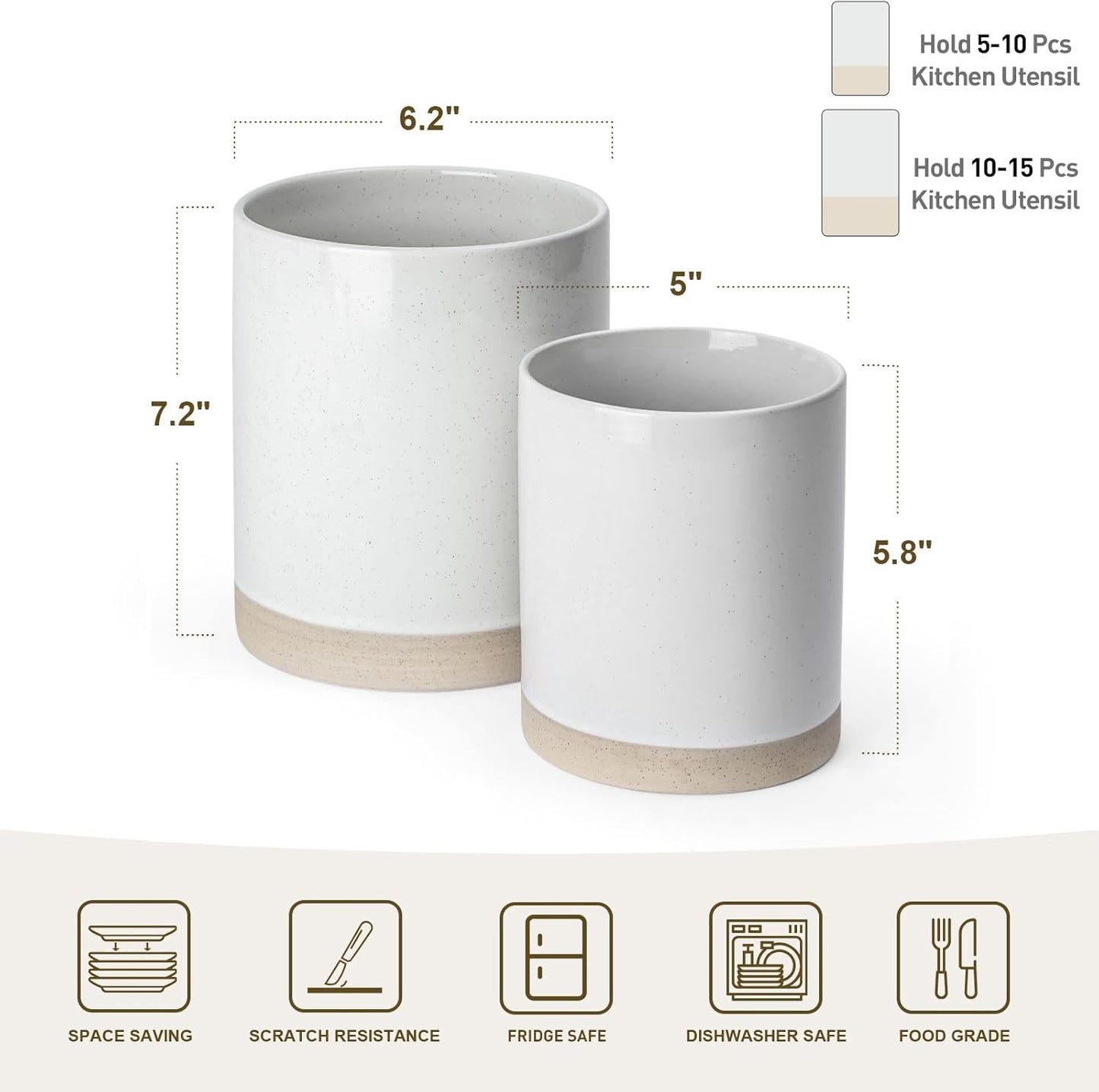 famiware Milkyway Kitchen Utensil Holder for Countertop, 7.2"+5.8" Ceramic Cooking Utensil Crocks for Counter, Utensil Organizer for Spatula & Spoon, Kitchen Decor, Set of 2, White