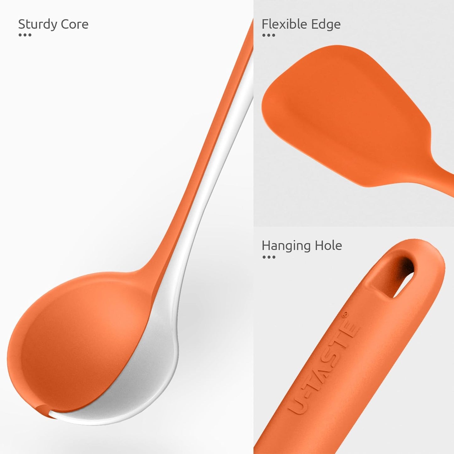 Silicone Kitchen Cooking Utensil Set: U-Taste 600ºF Heat Resistant 13.6in Extra Long Kitchen Tools, Food-Grade Non-Stick Spatula Turner Spoon Ladle for Stir Frying, Serving, Mixing (5 Pieces, Orange)