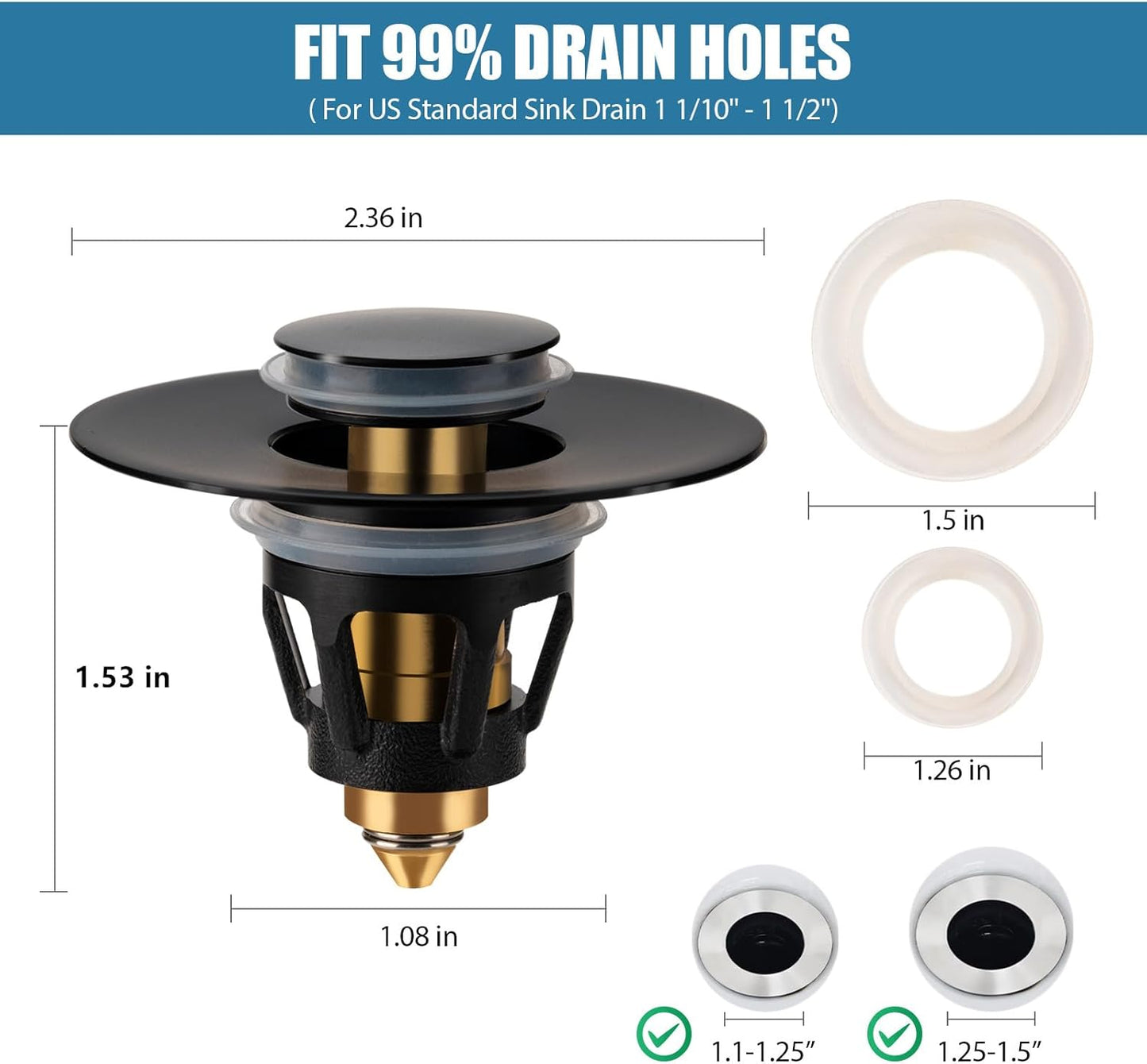 Three colors Bathroom Sink Stopper, 1.1-1.5" Bathroom Sink Strainer, Universal WashBasin Pop Up Drain Stopper, Bounce Core Push Type Sink Plug, Anti-Clogging, Stainless Steel (Matte Black,1PCS)