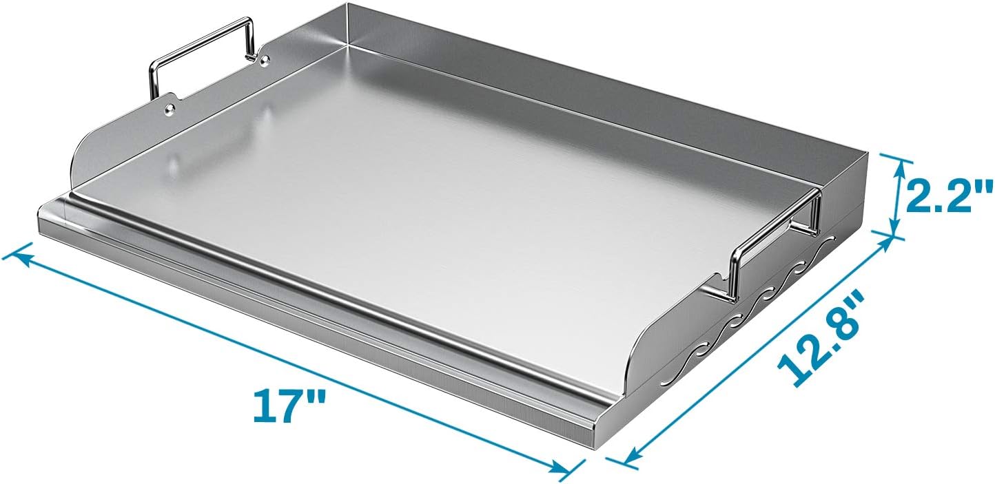 Skyflame Universal Stainless Steel Griddle Flat Top Plate with Even Heating Bracing for BBQ Charcoal/Gas Grills, Camping, Tailgating, and Parties 17" x 13"