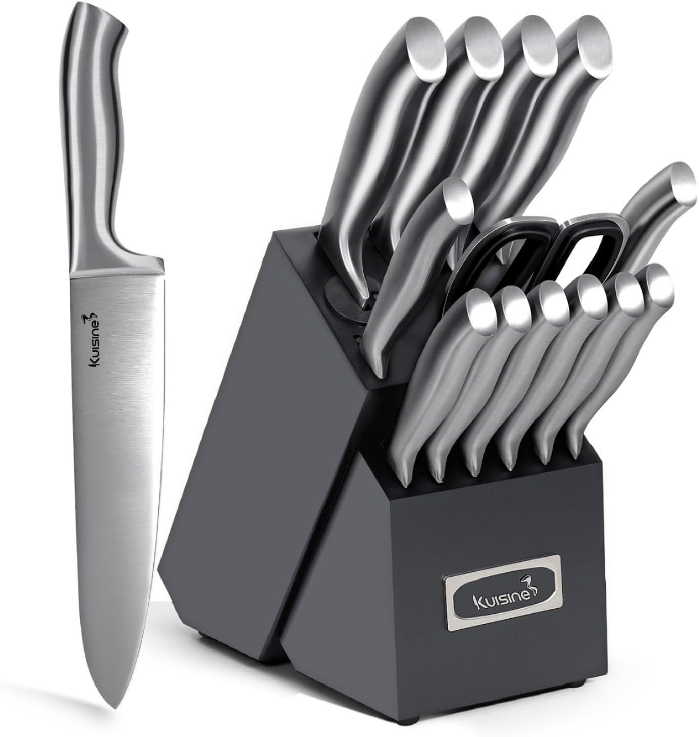 KUISINE Premium Chef Knife Set,High Carbon Stainless Steel Razor-sharp Blade Ergonomic Non-slip Steel Handle,Block Knife Set with Built-in Sharpener(Black Silver,15PCS)