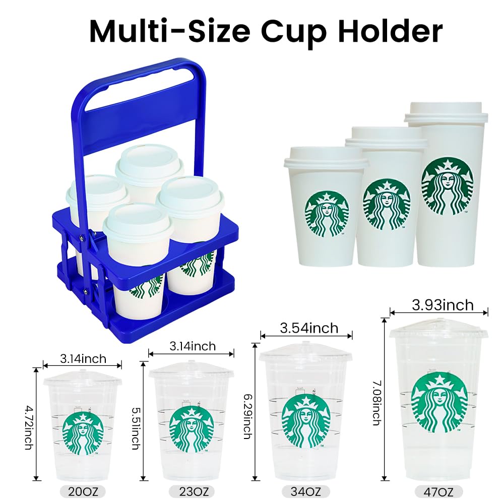 Bodaon 4 Cup Drink Carrier with Handle, Plastic Cup Carriers for Drinks, Drink Holder for Car, GrubHub/Eats Doordash Accessories, Portable Foldable Reusable Mobile, Use for Food Delivery Bag, Blue