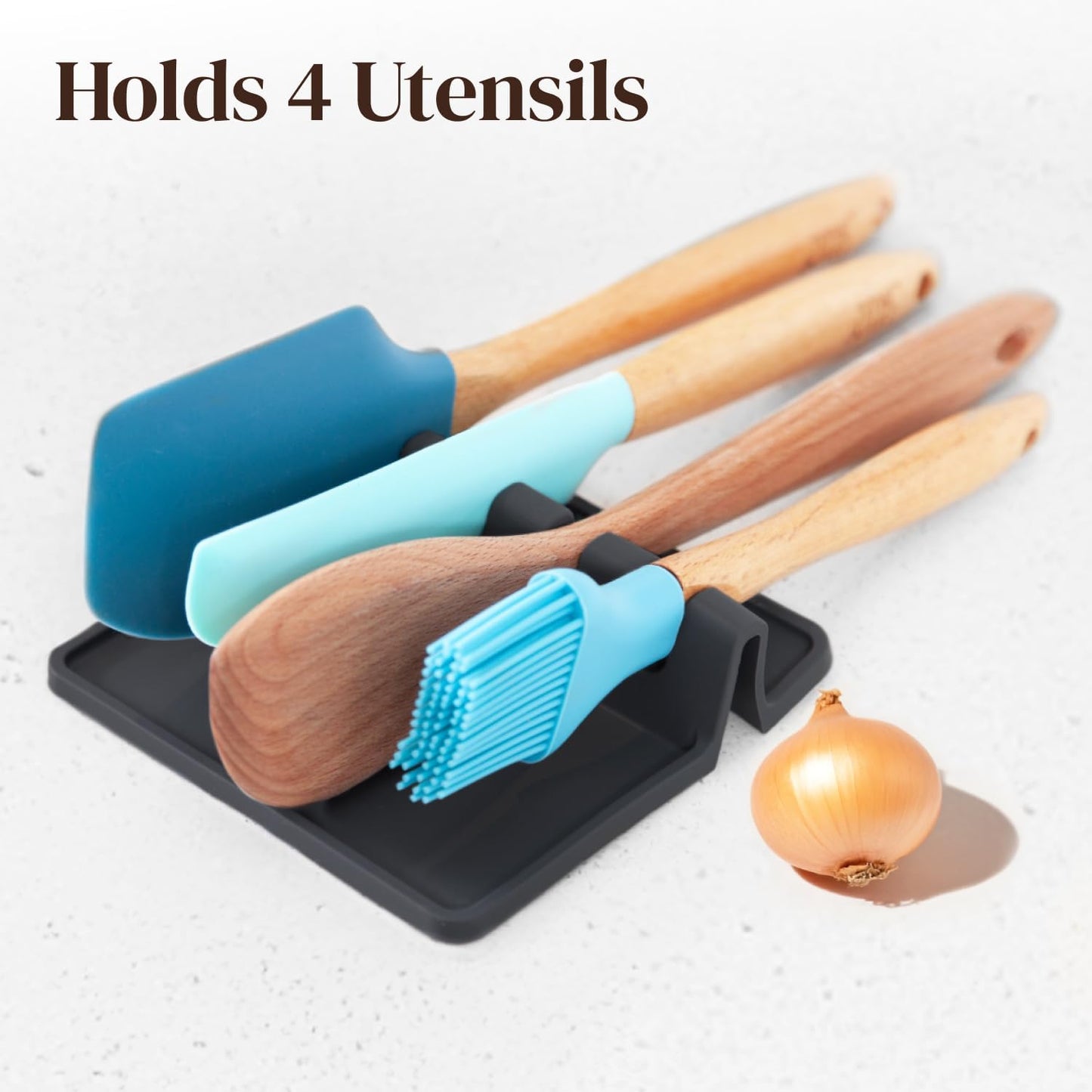 Black Silicone Spoon Rest for Stove Top with Drip Pad (Two Pack) - Heat-Resistant, BPA-Free Utensil Rest & Spoon Holder for Kitchen Counter - Grill Utensil Holder for Spatulas, Tongs, Ladles