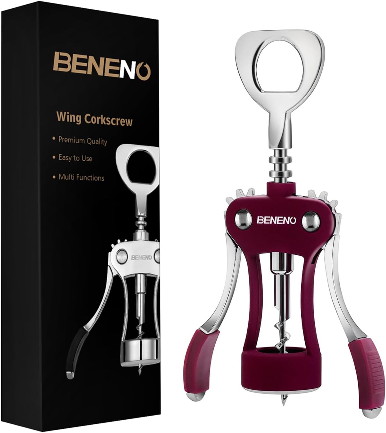 Beneno Wine Opener, Zinc Alloy Premium Wing Corkscrew with Multifunctional Bottles Opener, Sharp Wine Corkscrew with Ergonomic Non-Slip Wing Handle, Upgrade Purple