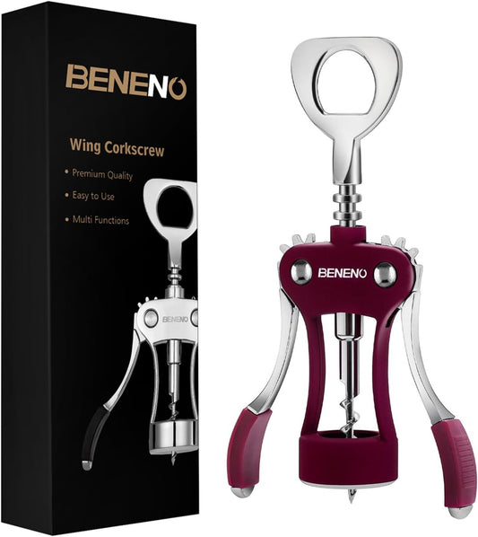 Beneno Wine Opener, Zinc Alloy Premium Wing Corkscrew with Multifunctional Bottles Opener, Sharp Wine Corkscrew with Ergonomic Non-Slip Wing Handle, Upgrade Purple