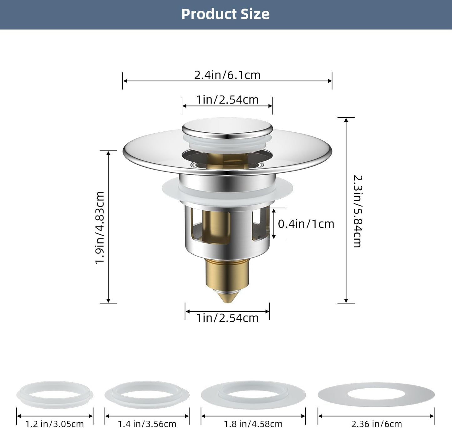 Hibbent All Metal Universal Bathroom Sink Stopper for 1.1''~2.3'' Basin, Pop Up Sink Drain Strainer, Brass Bullet Core Push Type Stopper, Stainless Steel Anti Clogging Drain Filter, Chrome
