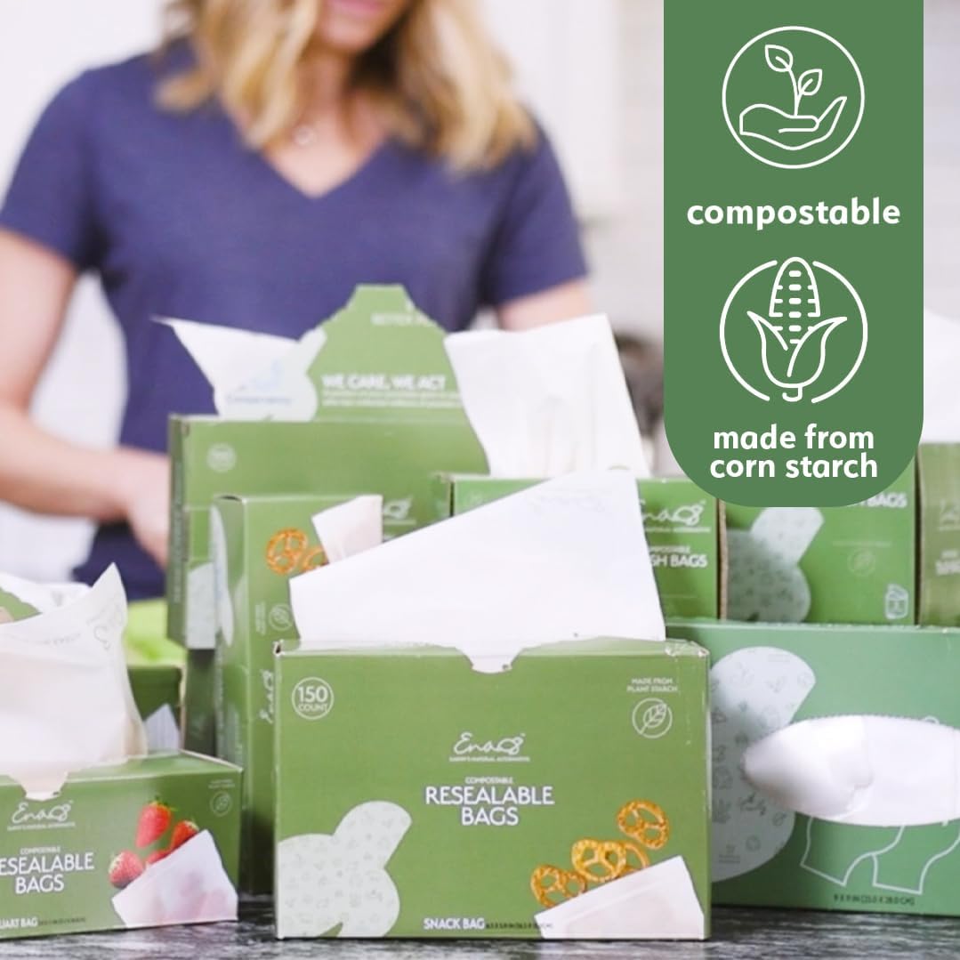 100% Compostable Food Storage Bags [Snack 300 Pack] Eco-Friendly Freezer Bags, Resealable Bags, Heavy-Duty, Reusable, Off-White by Earth's Natural Alternative