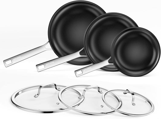 Nonstick Ceramic Frying Pan Set,8inch&9.5inch&11inch Stainless Steel Frying Pan Skillet W/Glass Lid,Titanium Ceramic Omelet Pans,Kitchen Cooking Pan Set, Compatible W/All Cooktops