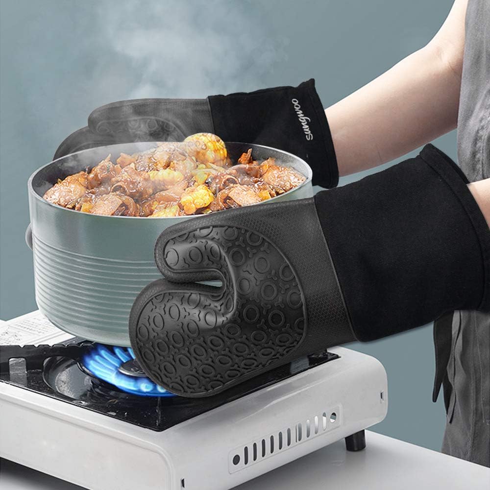 sungwoo Silicone Oven Mitts, Heat Resistant Oven Gloves with Quilted Liner Non-Slip Textured Grip Perfect for BBQ, Baking, Cooking and Grilling - 1 Pair 13.8 Inch Black