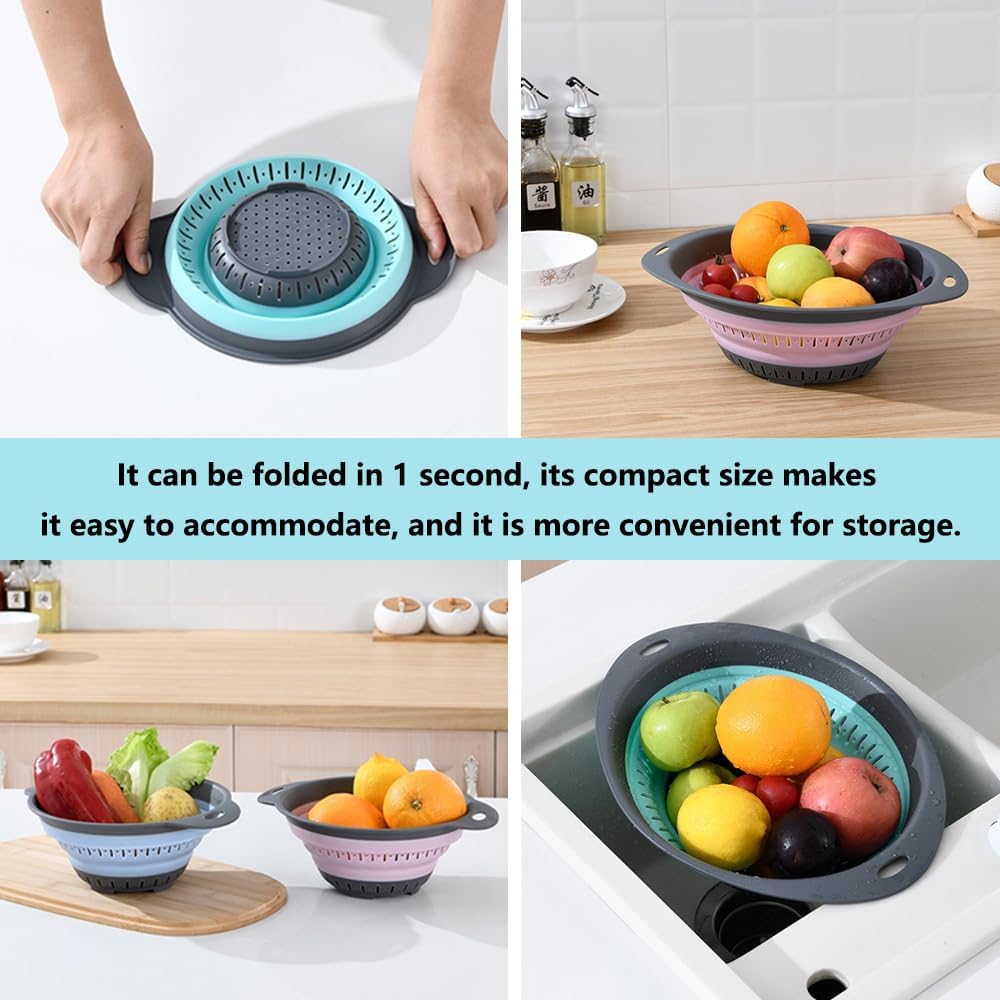 Collapsible Colander and Strainer,Silicone Strainer Colanders & Food Strainers,for Vegetable and Fruit, Kitchen Essentials (3, Green, 1.3L+2.1L+2.5L)