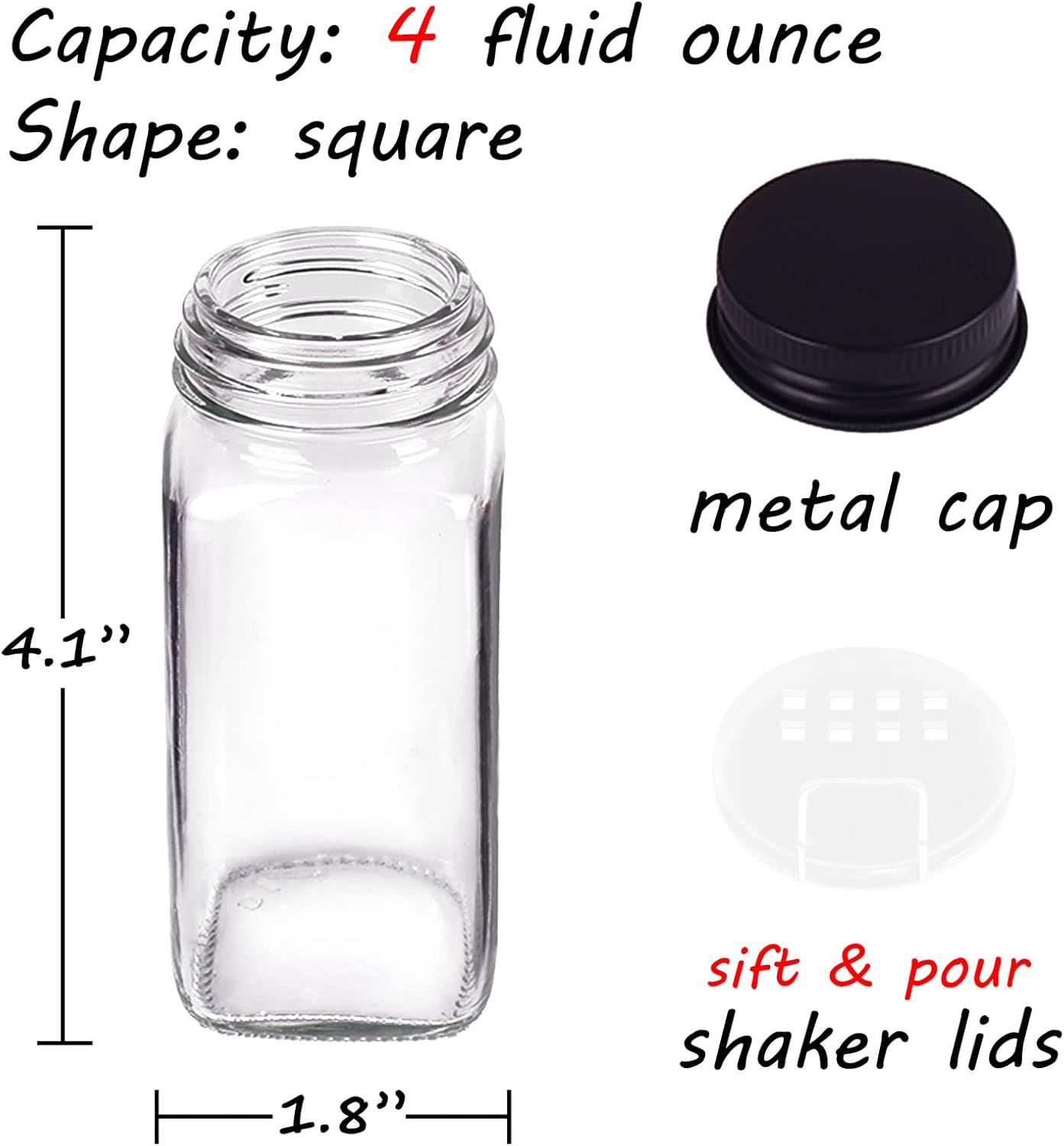 Churboro 25 Spice Jars with 547 Labels- Glass Spice Jars with Black Metal Caps, 4oz Empty Spice Containers with Shaker Lids, Funnel, Chalk Pen, Square Seasoning Bottles for Spice Rack, Drawer, Cabinet