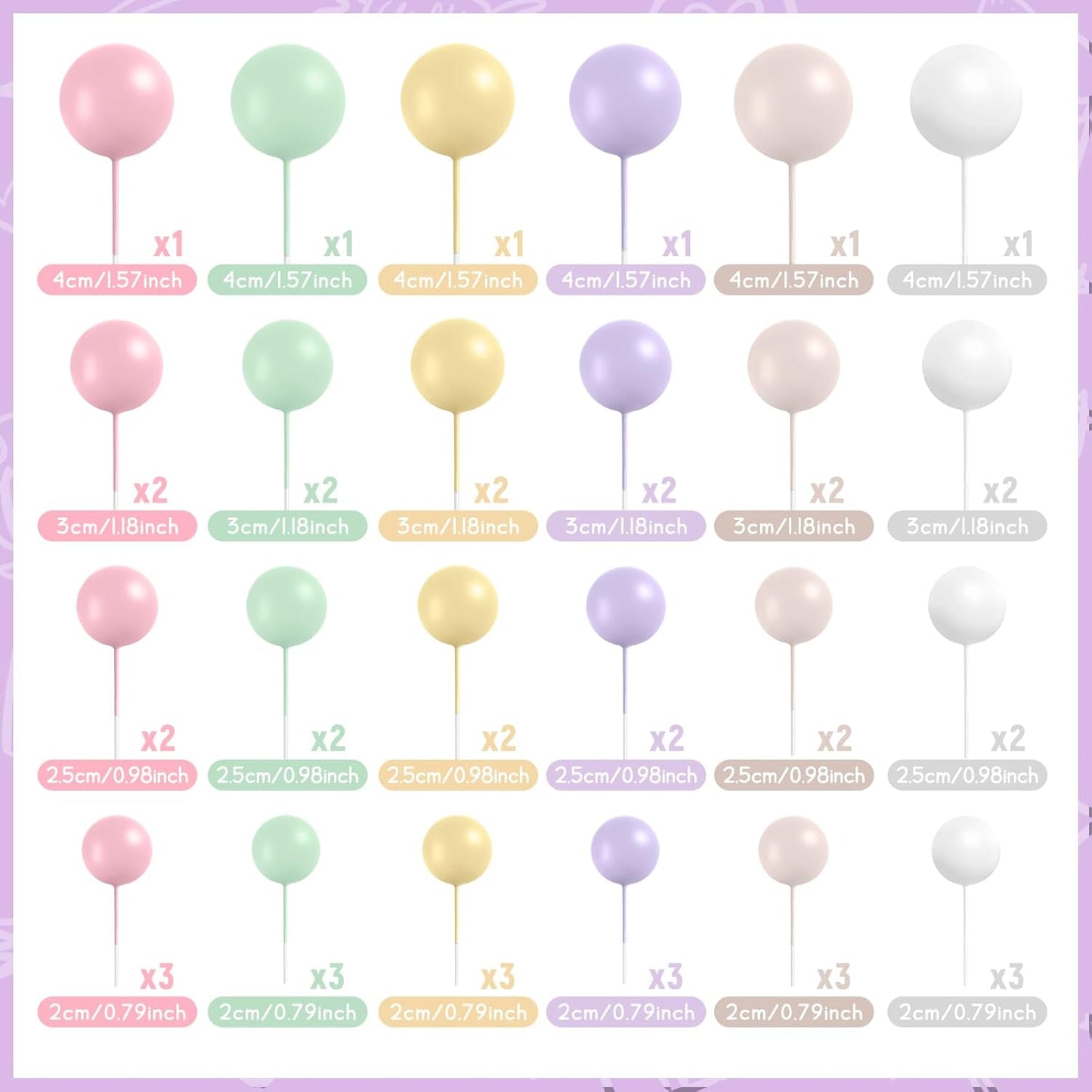48 Pcs Balls Cake Topper Decorations Balloon Cupcake Toppers Foam Cake Topper Balls Cake Balls Decorations for Birthday Party Wedding Cake Decorating(Pink,Green,Yellow,Purple,Brown,White)