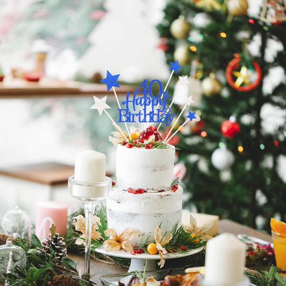 Glittery 40th Happy Birthday Cake Topper with Star,Personalised 40 Birthday Cake Toppers Party Decorations Party Supplies for Men Women Blue