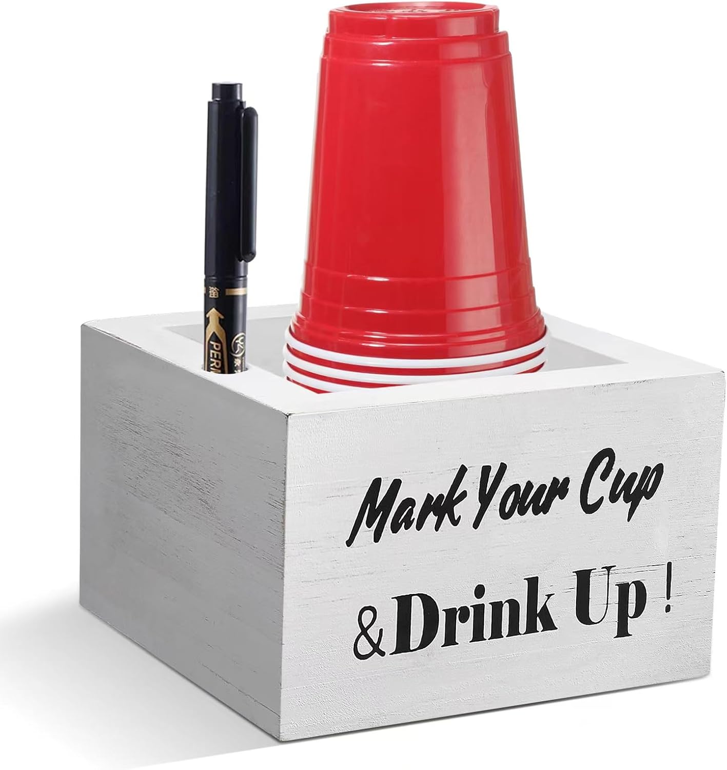 Wooden Cup Holder - Party Cup Holder with Marker Slot, Cup Holder for Party and Wedding, Rustic Disposable Cup Holder for Bar, Kitchen, Countertop, Home & Office, White