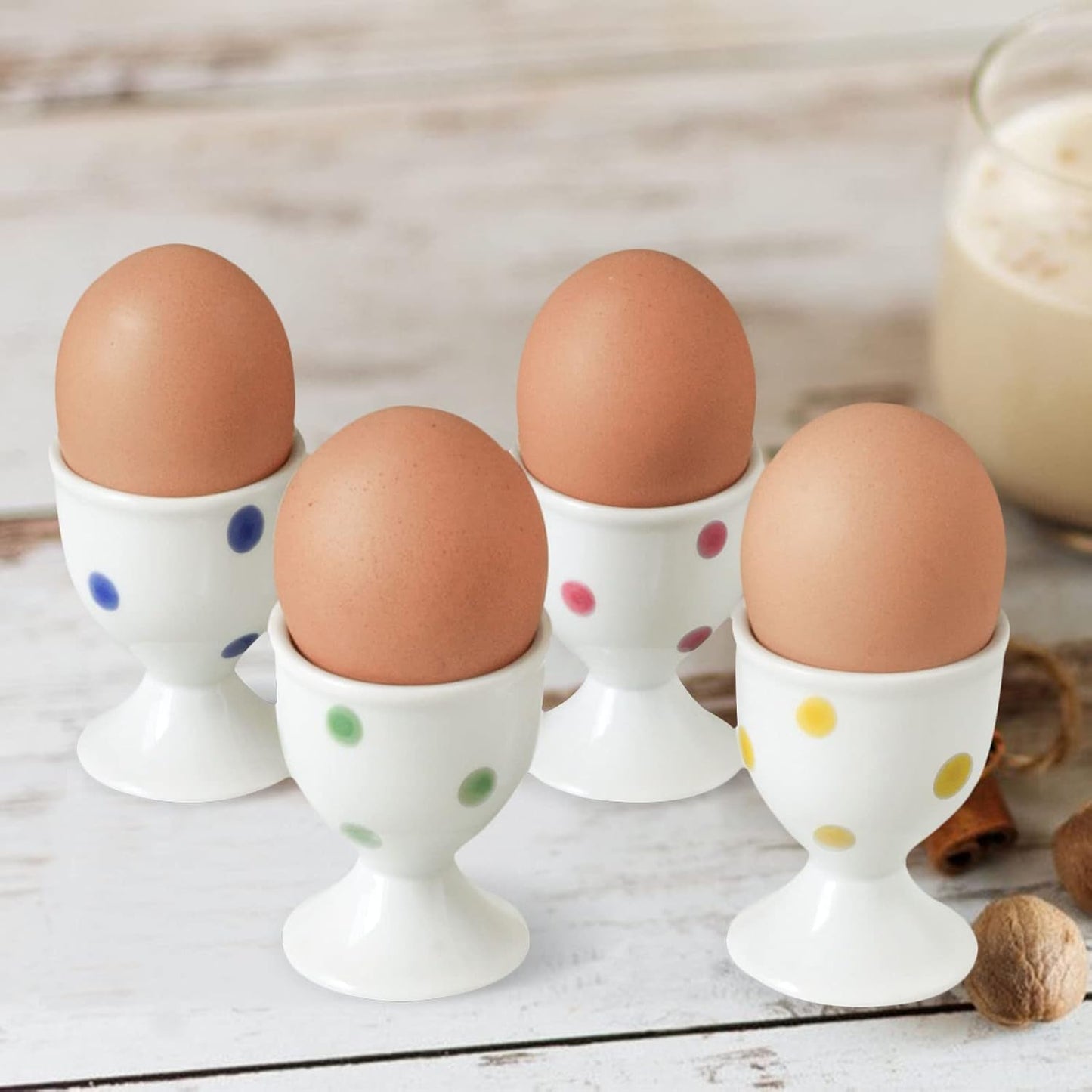 Cinf Ceramic Polka Dots Egg Cup Gift Set of 4 Porcelain Holder Breakfast Boiled Cooking Tools Stable Easy to Clean Childhood Memories Table Decoration Kitchen