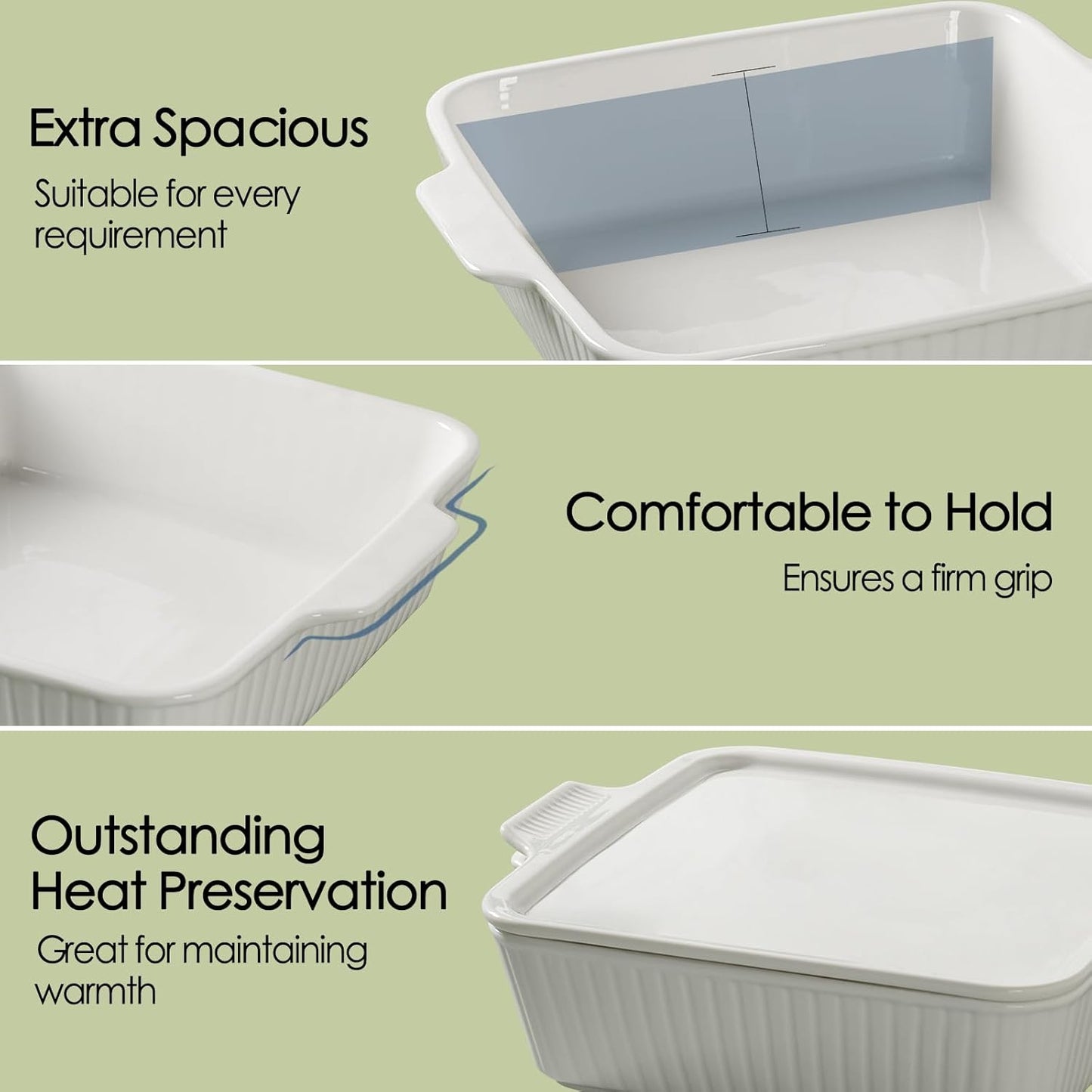 Dizada Casserole Dish for Oven with Lid, 10'' Square Baking Dish, Ceramic Baking Dish, Baking Pan with Handles, Lasagna Pan Bakeware Oven Safe Baking Dish for Oven, Cake, Kitchen, Microwave, Dishwasher Safe, White