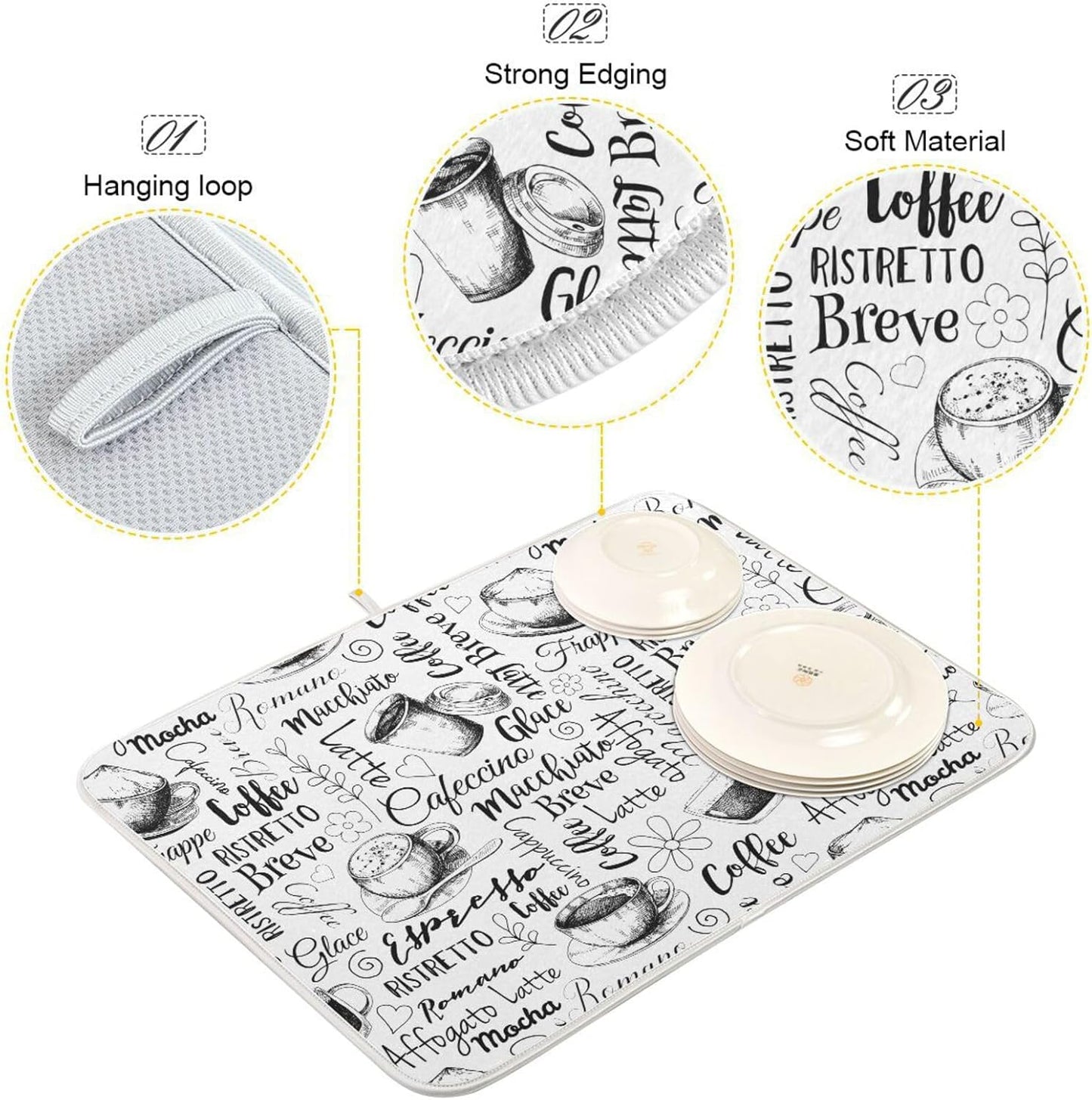 Coffee Cups Print Dish Drying Mat for Kitchen Counter Absorbent Microfiber Drying Pad, Large 18x24 in, Reversible Drainer Mats