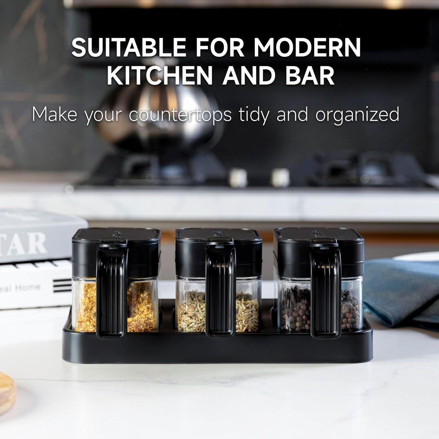 Mlici Seasoning Containers with Lid and Spoon, Set of 3 Glass Salt and Sugar Container, 13.52 Ounce Wall Mounted Condiment Jar Spice Box Set with Base for Hone Kitchen Countertop