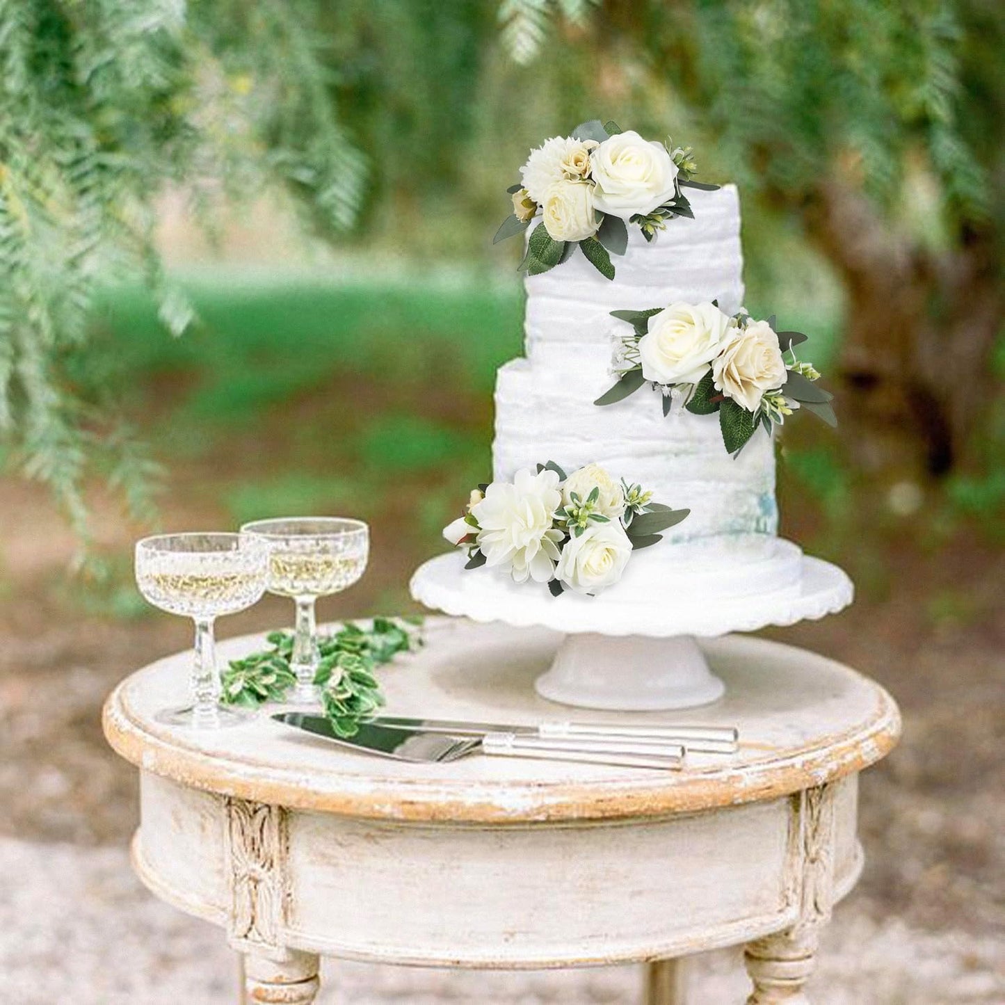 Rinlong 3Pcs Pre-made Cake Flowers Toppers White Green Cake Decorations Wedding Cake Decorating Flowers Decor Birthday Baptism Party Cake Topper