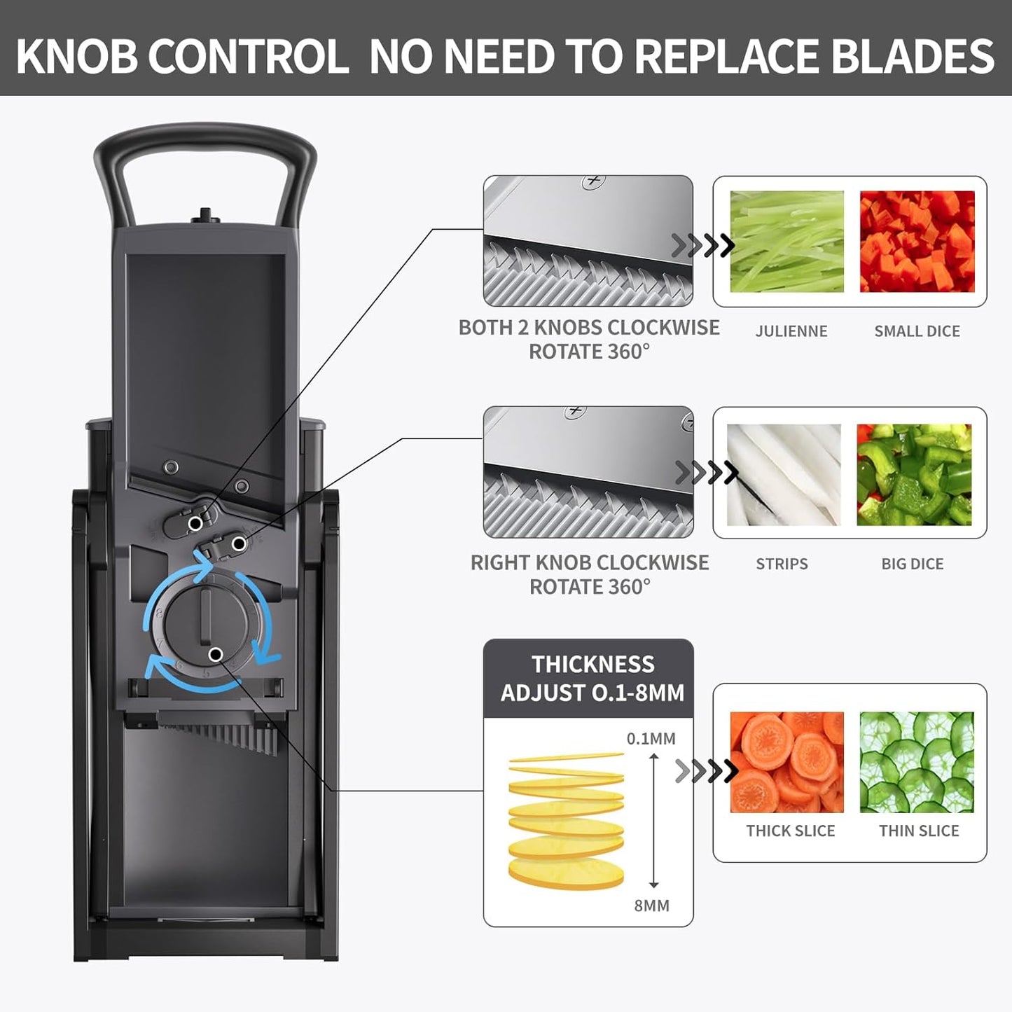 Safe Mandoline Food Slicer for Kitchen, Adjustable Vegetable Chopper Food Slicer with Peeler Thickness Adjuster, Potato French Fry Cutter, Kitchen Chopping Artifact (Black)