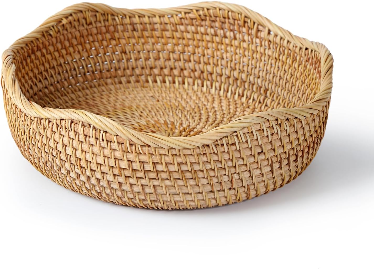 YANGQIHOME Rattan Bread Basket, Round Fruit Baskets, Scalloped Wicker Storage Bowls, Natural Woven Serving Basket Bowls, Decorative Baskets for Kitchen Counter Organizing, 1 Pack, M size