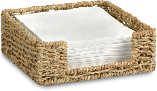 Ratten Napkin Holder for Table, Square Seagrass Serving Tray for Paper Napkins Kitchen Restaurant Dinner Wicker Baskets 7.8" x 7.8" x 2.8"