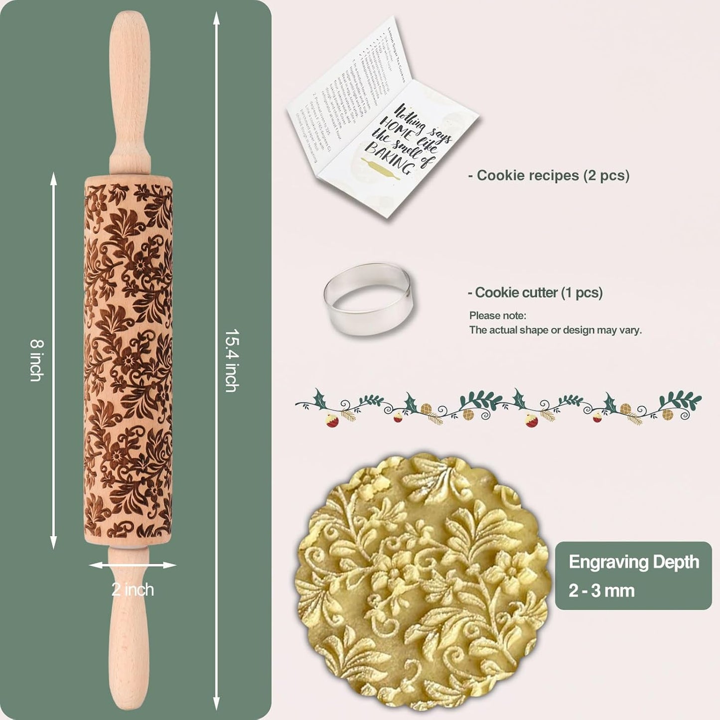 Floral Vine Embossed Rolling Pins for Cookies, Wooden Engraved Rolling Pins for Baking, Embossing Rolling Pins with Designs, Patterned Rolling Pin Decorative Springerle Mold Stamp Clay Pattern Roller
