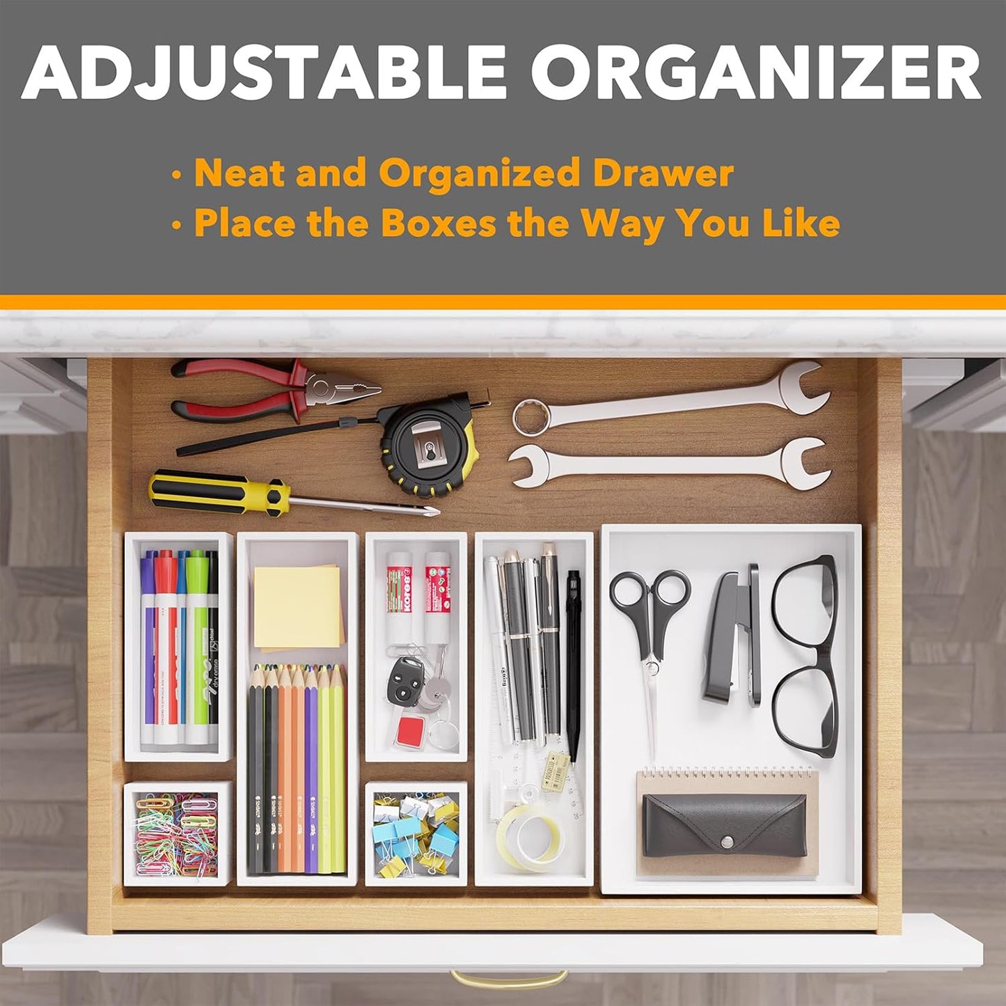 SpaceAid 7-Piece Bamboo Drawer Organizer Storage Boxes Set, Wood Tray Junk Drawer Organizers Multi-Use Divider Bins for Kitchen, Bathroom, Office Desk and Makeup Organization (7 Pack, White)