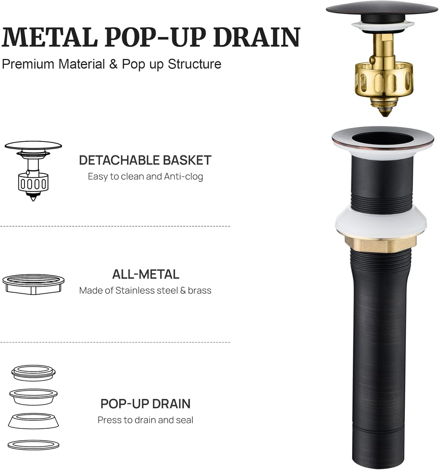 Pop up Sink Drain Stopper Without Overflow Oil Rubbed Bronze for Bathroom Vessel Vanity Sink Art Basin，Big Cap Sink Drain Without Overflow, Metal Pop-up Drain Strainer with Detachable Basket Stopper